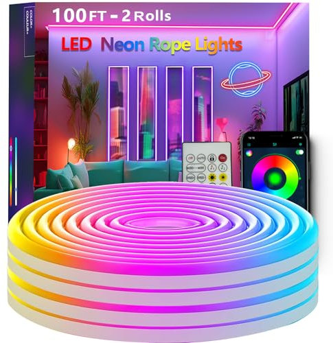 Bvokon 30M Neon Rope Lights,Flexible Led Rope Light Control with App/Remote,Multiple Modes,Music Sync,IP65 Outdoor RGB Led Strip Lights Waterproof
