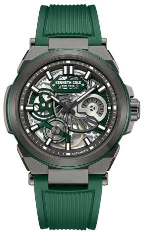 Kenneth Cole New York Herren Automatikuhr - Selbstaufziehendes Uhrwerk, Skelett-Zifferblatt, Edelstahlgehäuse, klassischer Kleidungsstil, lässige Modeuhr für Alltag und vielseitige Outfits, Grün