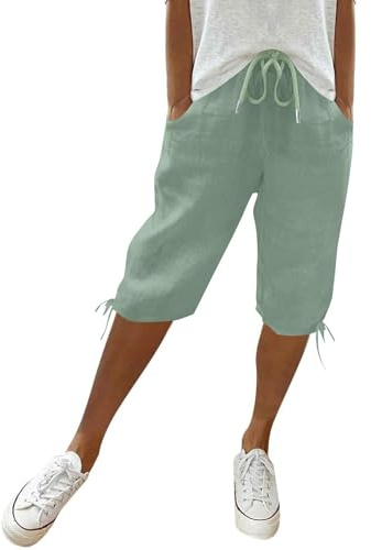 Bermuda Shorts Damen Freizeit Sport Sommerhose mit Taschen Leinenhose Stoffhose Lässig Elastische Taille Strandshorts