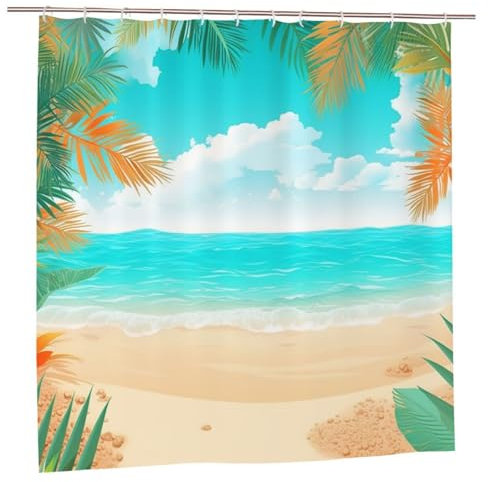 MMSJSBVY Duschvorhang mit tropischem Strandpflanzen-Motiv, 183 x 183 cm, schimmelresistenter und wasserdichter Duschvorhang, Sichtschutz und dekorativer Vorhang für Badewannen und Duschabtrennungen