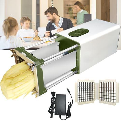 Electric French Fry Cutter,Professional Electric Potato Chip Cutter Potato Chip Cutter Stainless Steel Potato Chipper with 1/2 and 3/8 Inch Blade, Great for Carrots Cucumbers Silver