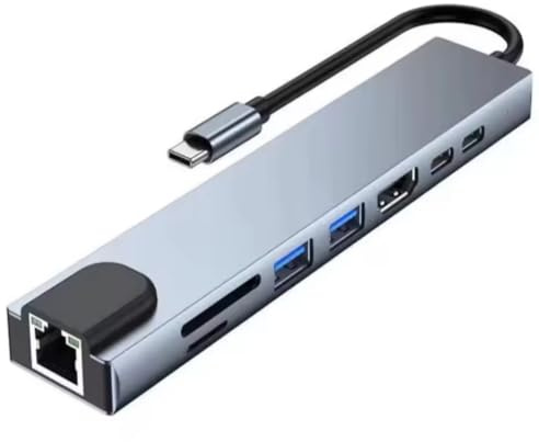 HCUSR USB-C-Hub (8-in-1) Dockingstation mit 4K@30Hz HDMI, RJ45 Ethernet, SD/TF-Kartenleser, USB 3.0/2.0, PD 100W, Typ-C-Dock-Adapter kompatibel für Laptops, PCs und Tablets