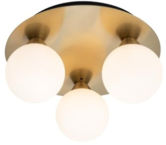 Cosylyte Bowen Bathroom 3 Light Classic Opal Glass Ceiling Flush Light - Brushed Brass, IP44, 25x25x13cm, 3xG9. Max. 5W LED (Bulb not Included)