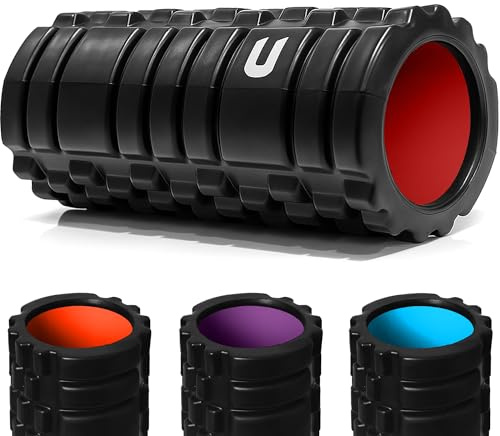 unycos - Faszienrolle 33 x 14 cm – mittelharte 3D-Massagerolle für Rücken, Beine & Nacken, Foam Roller für Selbstmassage, Triggerpunkte, Mobility & Yoga, inkl. 50 Übungen-E-Book (Schwarz/Rot)
