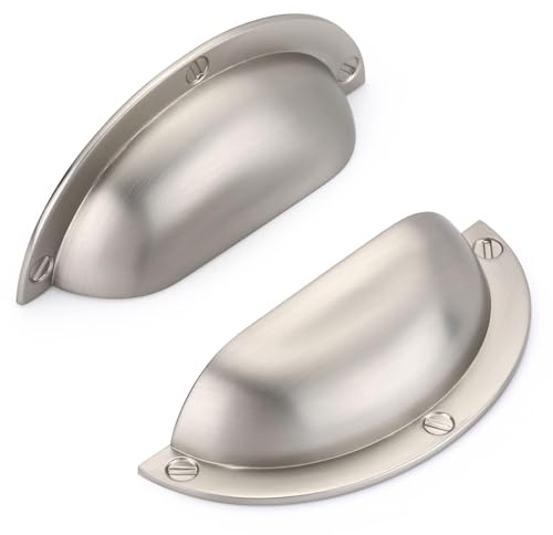 6 Pack Shell Cup Handles, Brushed Nickel Drawer Pull Handles, Semi Circle Retro Solid 64mm Hole Center Cabinet Handles for Drawer,Cupboard, Dresser