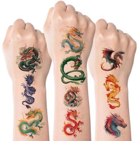 Kotkiddy 58 Stück Drachen Temporäre Tattoos Kinder Jungen Mädchen Partydeko Mitgebsel Geschenk Coole Sticker für Geburtstag Dragon Theme Feier