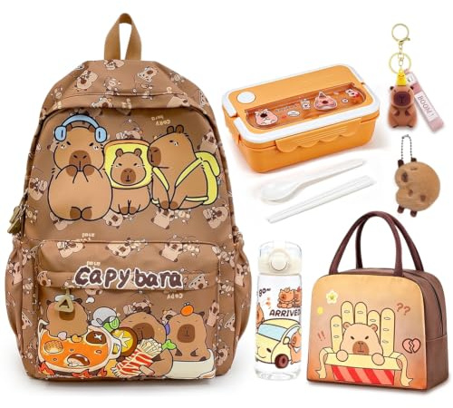 Capybara Rucksack mit Kuscheltier & Schlüsselanhänger, Capybara Lunch Tasche Mit Cartoon Brotdose Kinder 900ml Trinkflasche 400ml, Kawaii Kinder Backpack Schoolbag Set, Lunchtaschen Für Die Schule(D)