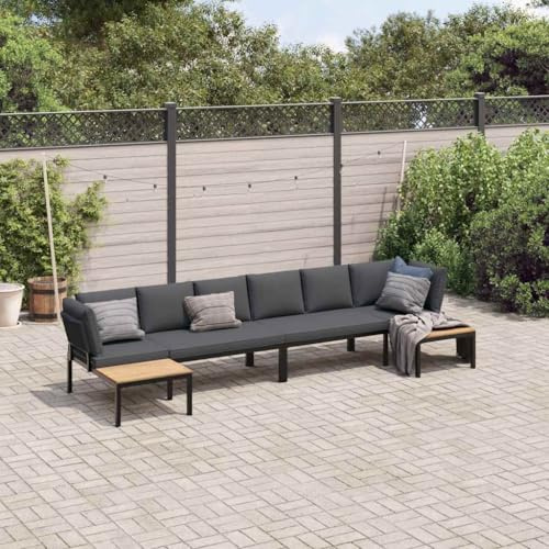 QJBSAVVA 4-TLG. Gartenmöbel-Set Schwarz 118 x 73 x 73 cm aus pulverbeschichtetem Aluminium mit Anthrazit-Kissen, modular & platzsparend für Balkon Garten Terrasse