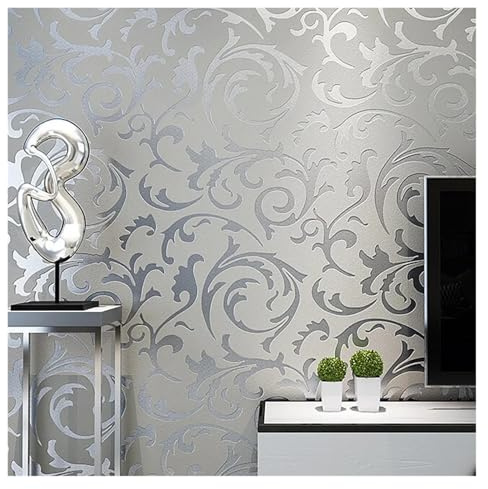 OZLCUA Tapete Tapete Rolle Wohnzimmer Schlafzimmer Wandverkleidungen Silber Floral Luxus Papier Wohnkultur(Light Grey,2mx53cm)