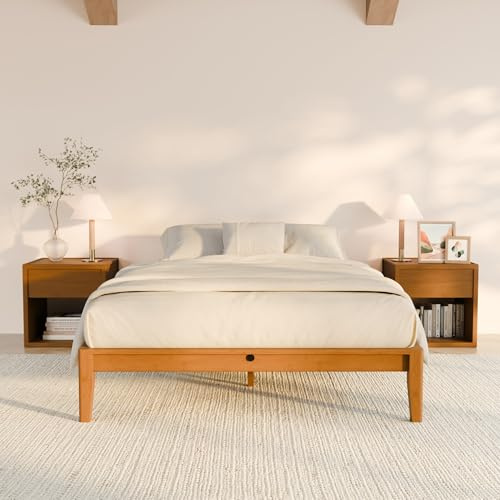 Recci Double Bed Frame, Bamboo Joinery Platform Bed, Solid Bamboo, Modern Minimalist Low Bed Frame, Noise-Free Slat Support, Tool-Free Assembly, 24.9cm Underbed Storage, Bamboo Brown