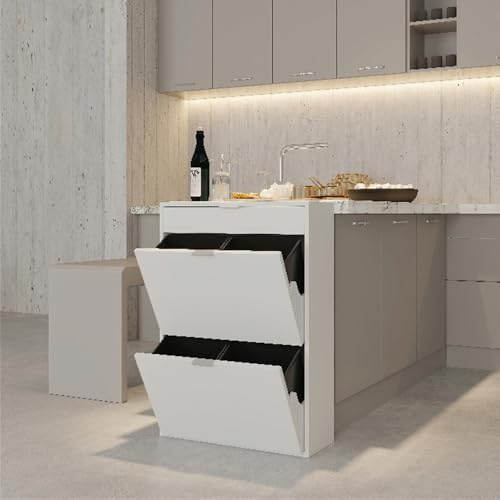 Ease Mülleimer Küche 4 Fächer, 4 x 10L Recycling Große Abfalleimer aus Kunststoff Mülltrennsystem, Recycling Schrank für Mülltrennung, Mülleimerschrank für Küche Wohnung Büro, Weiß 2