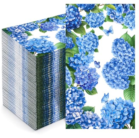 200 Pcs Hydrangea Napkins Paper, Blue Floral Cocktail Guest Napkins, Summer Disposable Watercolor Dinner Hand Towels for Bathroom Wedding Bridal Shower Luncheon Birthday Party Supplies Decorative