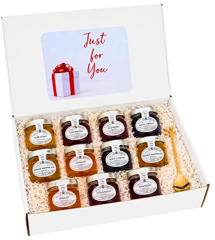 Mini Jams and Marmalade Gift Set - Includes Mini Jam Jars and Honey - 11 X 28g Of Jams & Preserves and Honey - Luxury Breakfast Taster Box Comes With a Jam Spoon