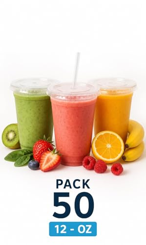12oz Crystal Clear Smoothie Cups with Flat lids, Perfect for Iced Coffee, Milkshake, Slurpee, Ice Cream, Razzle, Slush, Smoothy, Party's Pack of 50