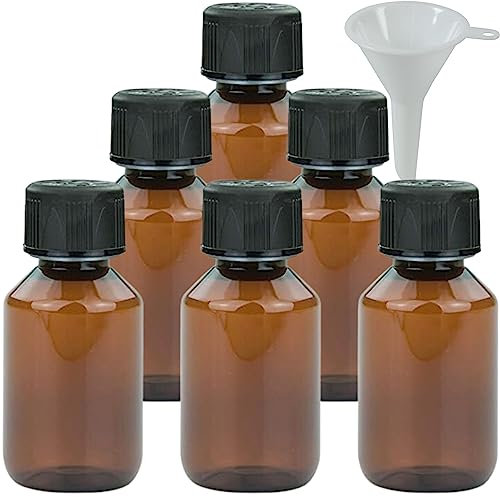 6 x braune Laborflasche 100 ml aus Kunststoff (PET), Apothekerflasche, Veralflasche inkl. Einfülltrichter
