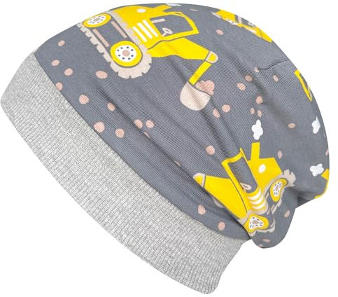 Wollhuhn Öko Warme Kuschelige Winter Jungen/Mädchen Winter Beanie-Mütze Mit Fleecefutter Versch. Motive (aus Öko-Stoffen, Bio) 20220666 (M, Bagger Grau/Gelb)