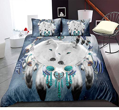 Sticker superb Luxus 2/3 Teilig Mädchen Junge Wolf Bettwäsche Set mit Kissenbezug, 3D Süß Paar Wolf Weiß Kunst Wolf Tier Wohnheim Dekoration Bettbezug mit Reißverschluss (Paar Wolf, 135x200cm)