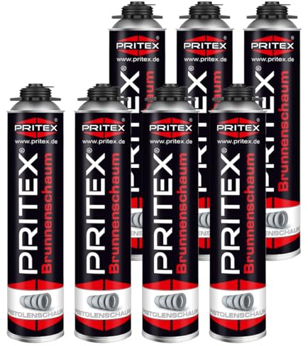 PRITEX – Brunnenschaum 7 x 750 ml zur Montage von Brunnenschachtringen & Rohrelementen – Pistolenschaum mit sehr guter Haftung & hoher Beständigkeit – Bauschaum für Montagepistole