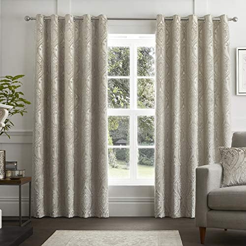 Chateau Damask Eyelet Ring Top Fully Lined Curtains 66 x 90 - Natural