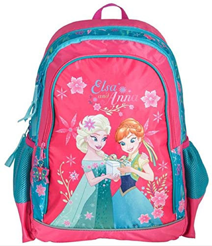 Disney Frozen - Die Eiskönigin ELSA Anna Olaf Rucksack Kinderrucksack mit Hauptfach, Nebenfach, Frontfach und Getränkenetz, 38x29x20 cm, blau/pink