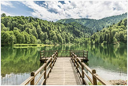 Wallario Glasbild Steg am See in den Bergen - 60 x 90 cm Wandbilder Glas in Premium-Qualität: Brillante Farben, freischwebende Optik
