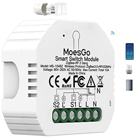 MoesGo ZigBee MESH Smart Alexa Lichtschalter Unterputz Funk Relais, Wireless RF433 Light Switch Modul,Kompatibel mit Smart Life Tuya App,Alexa und Google Home【Tuya ZigBee Hub erforderlich】