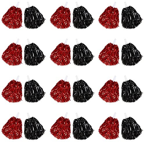 Cheerleading-Pompons, Metallfoliengriff, Cheer Squad Team, temperamentvoller Spaß für Party, Sport, Tanz, je 30 g, Rot, Schwarz, 24 Stück
