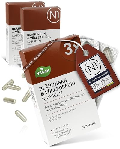 N1 Blähungen & Völlegefühl Kapseln 90 St. - Medizinprodukt mit Simeticon | Gegen Völlegefühl, Druck und Blähbauch - mit Simeticon und Mineralerde, gut verträglich für Erwachsene und Kinder ab 12
