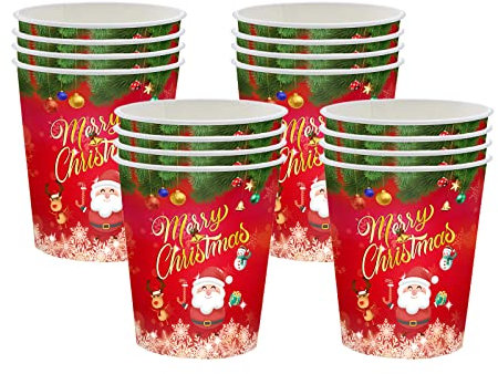 YAAVAAW 16Pcs Christmas Party Paper Cups,Merry Christmas Tableware Decor Red Santa Snowman Elk Pattern Disposable Paper Cups Xmas Dinner Cups for Birthday Christmas Party Supplies Table Decorations
