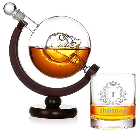 Glous Skull Decanter da 850 ml con incisione – motivo: stemma – Bicchiere da whisky personalizzato 320 ml – Made in Germany – con supporto in legno – Idea regalo per Natale – Decorazione, bar, drink