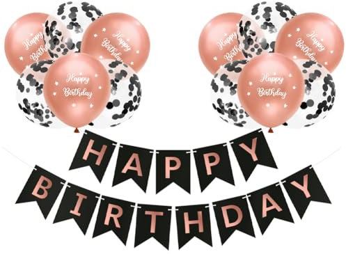 Women Happy Birthday Banner Balloons Black Rose Gold Happy Birthday Party Banner Bunting Women Girls Happy Birthday Party Banners Bunting Decorations Including 12pcs 12” Black Rose Confetti Balloons