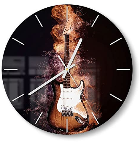 DEQORI Glasuhr | rund Ø 30 cm | Motiv Brennende E-Gitarre | ausgefallene leise Design Uhr aus Glas | Wanduhr für Wohnzimmer & Küche | Moderne Hingucker Uhr für die Wand