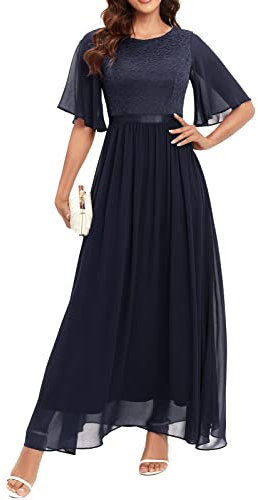 Bbonlinedress Abendkleider elegant für Hochzeit Spitzen Chiffon Ärmel Kleid festliches Brautjunferkleid Maxi Bridesmaid Dress Partykleid Abschlusskleid lang Ballkleid Navy M
