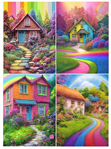 DIY Diamond Painting Vierer Set Landschaften 30x40 cm Diamond Painting Regenbogen Diamant Painting Bilder Malen nach Zahlen Erwachsene Landschaft Diamant Malerei Diamond Painting Landschaft Häuser