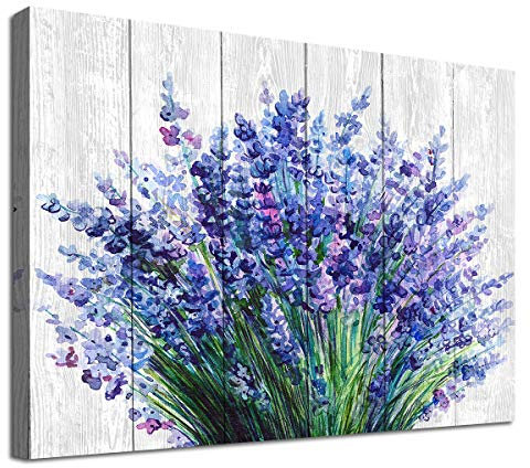 ARYEWDY Lavender Flowers Canvas Wall Art Blue Purple Floral Canvas Pictures Wooden Board Effect Background Rustic Blossom Flowers Painting Artwork for Bedroom Bathroom Office Home Décor 30x40cm