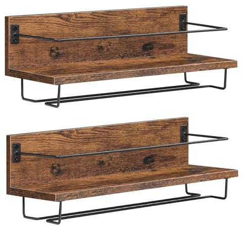 HOOBRO Wall Mounted Wine Rack, Wine Glass Rack Set of 2, Wine Shelf Hanging Floating Shelves, Wine Bottle Glass Rack Stemware Holder, for Living Room, Kitchen, Rustic Brown and Black EBF28BJ01