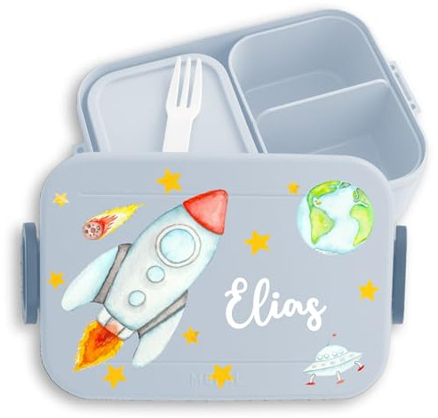 Kinder Bento Box Midi für Mepal Bentobox - Weltall - Brotbox Rakete Lunchbox Raumschiff Vesperbox Weltraum Geschenk Schule I Meteorit - 900 ml - Hellblau - brotdose junge einschulungsgeschenk nasa