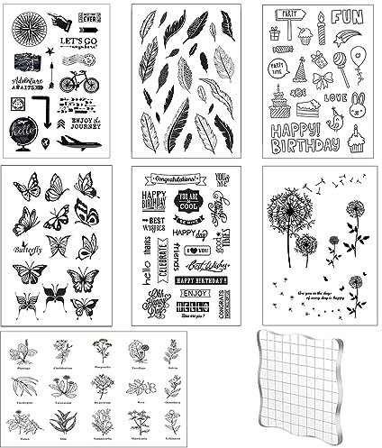 Silikonstempel Set 7 Blätter Silikonstempel mit Acrylblock Sprüche Stempel Glückwunsch Clear Stamps Klarsichtstempel für DIY Geburtstag Hochzeit Scrapbooking Journal Einladung Karten Basteln (7 Stile)