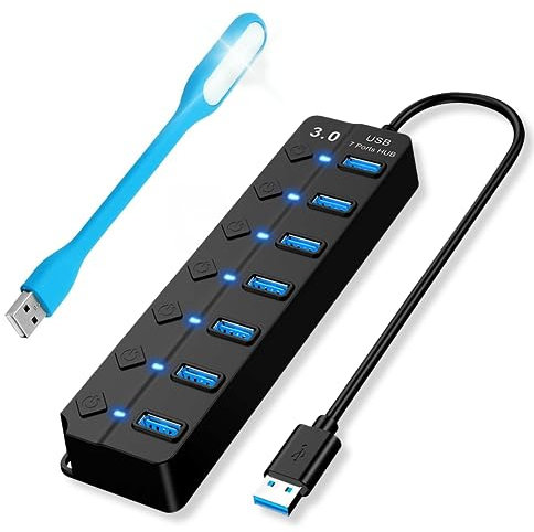 Hub USB 3.0 con 7 Puertos con Linterna Incluida-Regleta USB con Interruptores para Ratón, Teclado, Cables USB de Carga-Ladron USB 3.0 para Escritorios de Oficina o Set Up Gaming - Multiplicador USB
