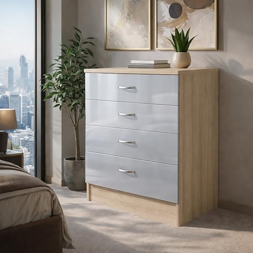 Harmin High Gloss 4 Drawer Chest - Height 68.5 cm x Width 60 cm x Depth 40 cm (Grey Gloss On Sonoma Oak Frame)