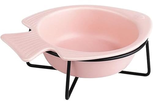 Raised Fish Shaped Cat Bowl Pet Bowl with Raised Frame Stand Raised Dish Pet Feeding Colourful Bowl Quality Durable Easy Feed Set Cat Dog Kitten Puppy (Pink)