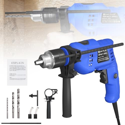 Qimu Electric Drill Corded 850W, Power Hammer Drill with 360° Rotating Handle, 0-3000 RPM Variable Speed, 13mm Metal Chuck, Depth Gauge, Impact Hammer Drill with 3pc Cement Drill Bits for Home, DIY