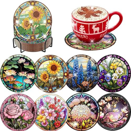 Juego de 8 posavasos con diseño de flores y diamantes con soporte, posavasos de pintura de diamantes 5D, kits de mosaico para adultos, arte y manualidades de diamante redondo para adultos y