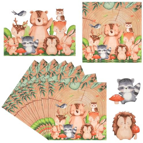 40 Pièces Serviette de Table Anniversaire Enfant Serviette Papier Anniversaire Jetables Animaux de la Jungle Serviette en Papier pour Anniversaire, Fête Prénatale, Décoration de Table