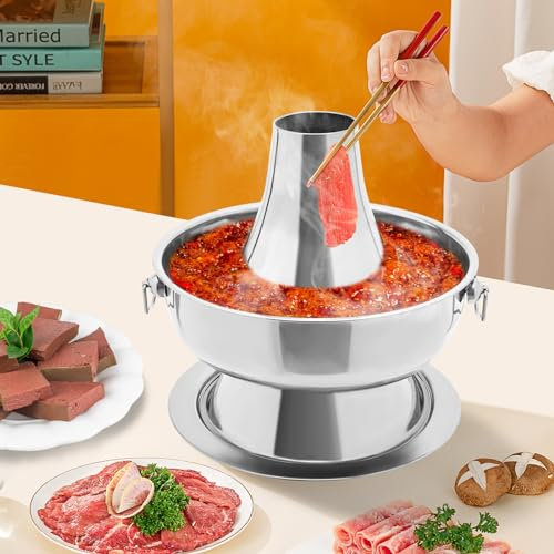 LUNICASHA Hotpot da 2,3 litri con camino, hotpot cinese a carbone, fornello da campeggio in acciaio inox, hotpot vintage in acciaio inox, fornello per fonduta di carne