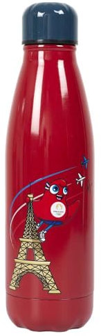 PARIS 2024, CJO30033, Bouteille Iso Mascotte Tour Eiffel 50 cl Rouge, Produit Officiel sous Licence, Gourde Inox Réutilisable, Thermos, pour Sport, Ecole, Voyage