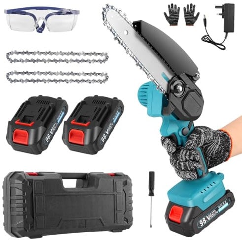 Mini Chainsaw Cordless, Electric Chainsaw with 2 * 3000mAh Battery & 2* Chains, Handheld Portable Electric Chain Saws for Gardening Tree Pruning Wood Cutting, UK Plug (6 inch)