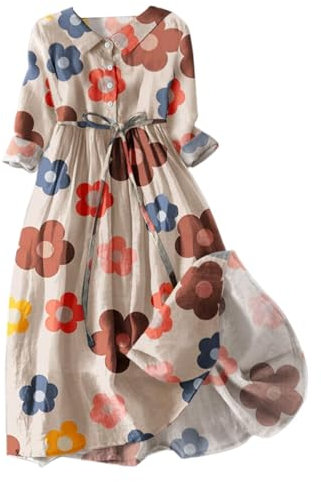 Jingmcdy Sale Sommerkleid Damen Freizeit lockere Damen Midi Langarm Saum drapiert Frauen Künstler Blumen Drucken Knopfleiste Dress Damen Kleid Lässig Bequeme Basic Dress Sale Angebote Bestellung