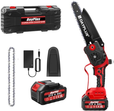 Mini motosega a batteria senza spazzole, 8 pollici, mini motosega a batteria con sega elettrica a batteria, 5600 giri/min, lunghezza di taglio 18 cm, 2 catene, 1 piastra di guida, 2 batterie da 4,0 Ah
