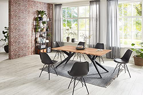 Loreno Essgruppe Dani 7tlg. | Baumkantentisch 220x100 cm Akazie naturfarben + 6X Stühle | Airloft-Gestell schwarz | 6X Stuhl Lerche schwarz| Esstisch mit 6 Stühlen Set
